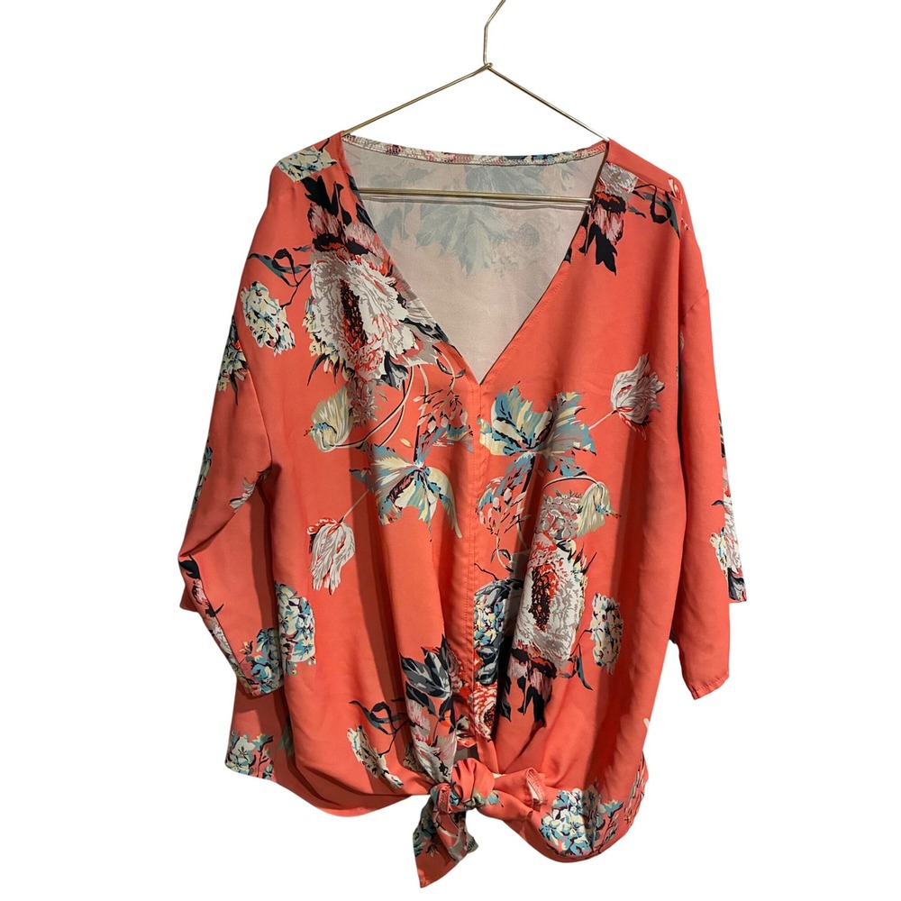 Coral Floral V-Neck Tie Front Blouse XL 3/4 Sleeve Orange Botanical Top